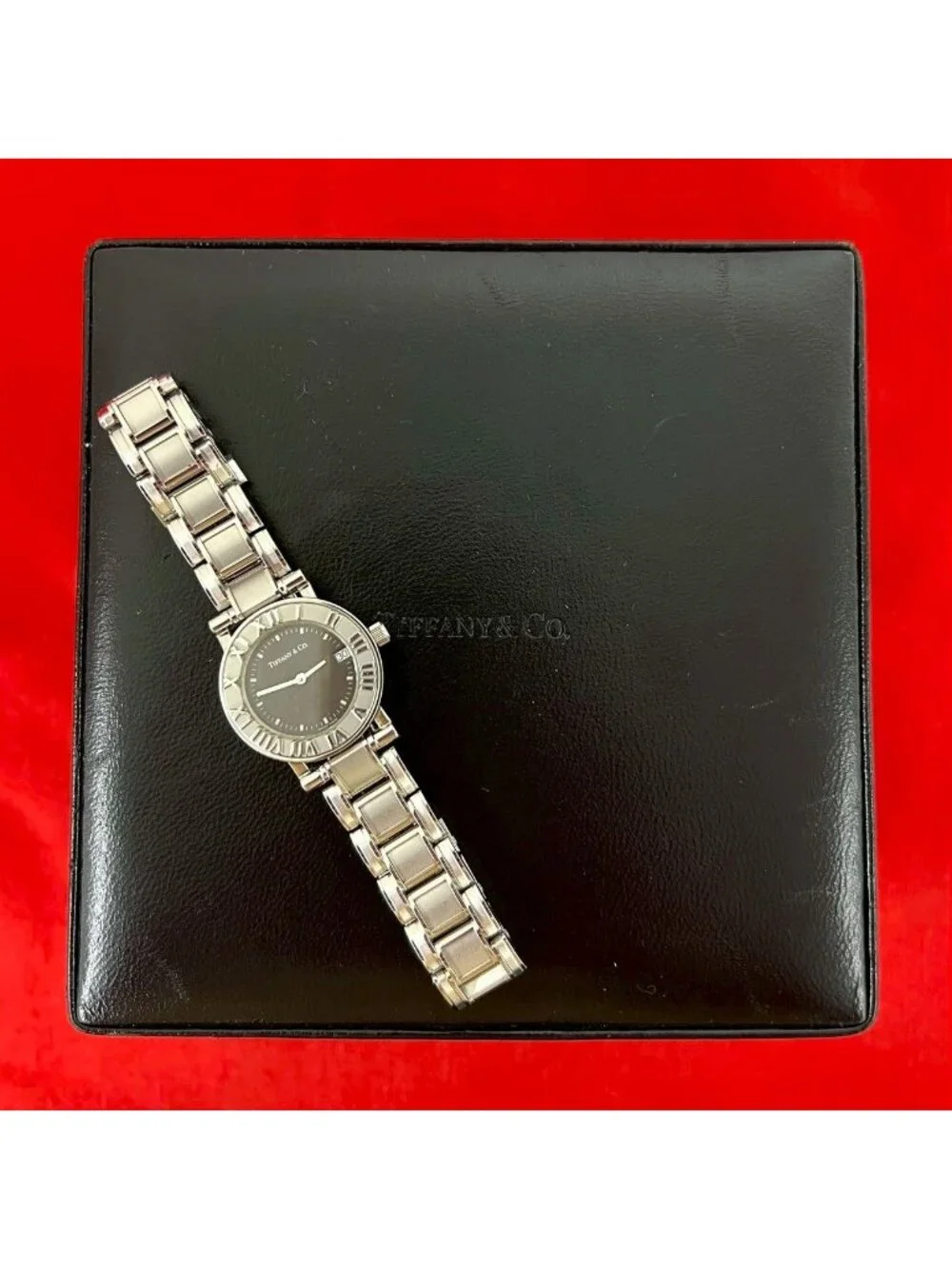 Tiffany & Co with Case Atlas Stainless Steel Wrist Watch Silver